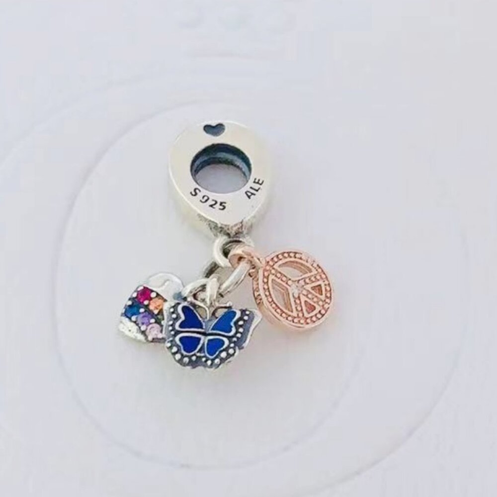 Pandora Two-Tone Rainbow Heart, Butterfly & Peace Triple Dangle Charm